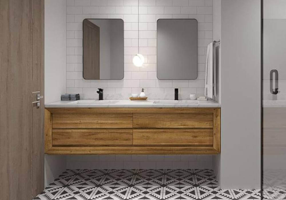 Bathroom with a brown wood floating cabinet, checkered floors, and rectangular mirrors.