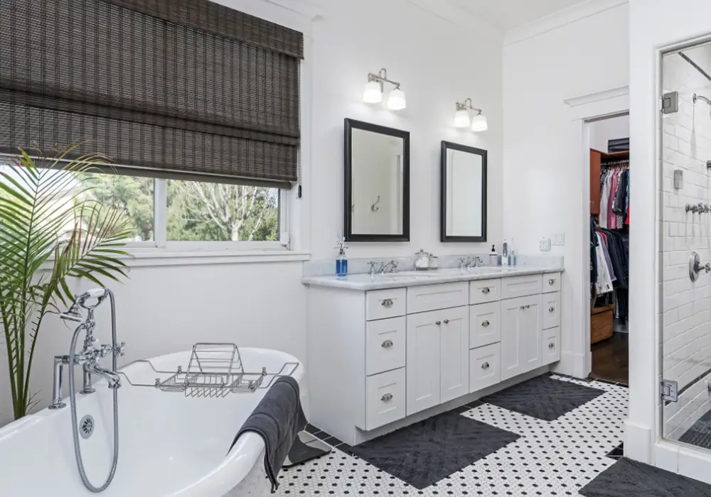 brand-new-white-bathroom-black-rectangular-mirrors-walk-in-shower